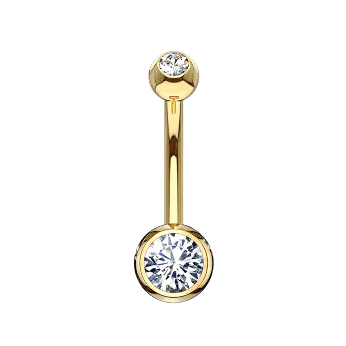14k yellow gold bezeled gem ends curved barbell