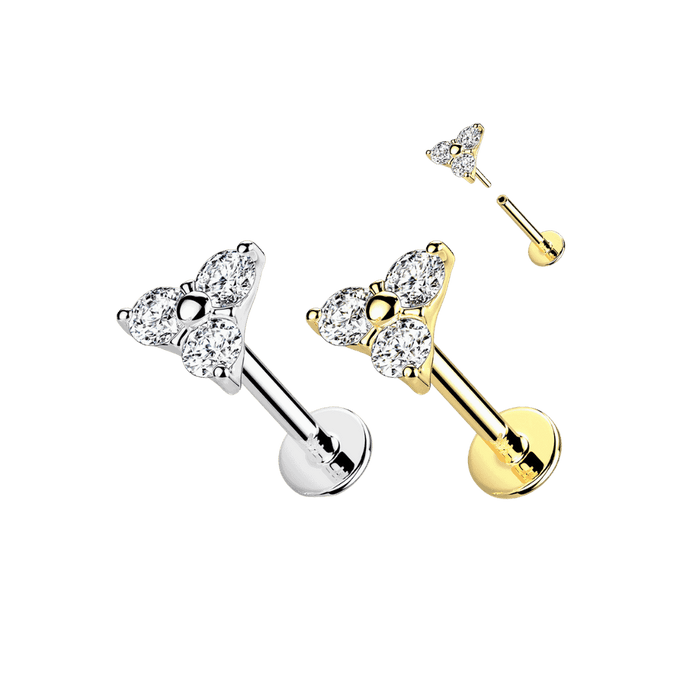 threadless labret stud trinity gem design earring 14k puregold