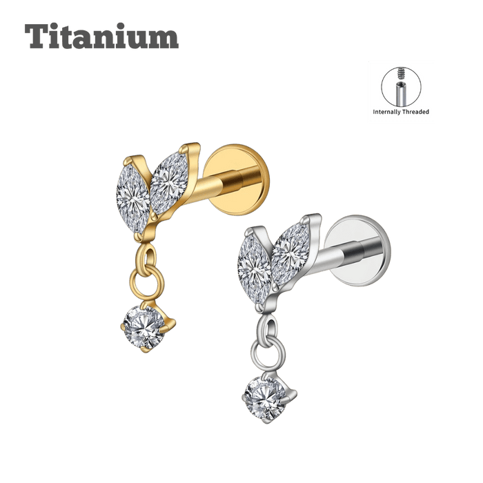 2 petals with dangling gem titanium threaded labret ear piercing jewelry