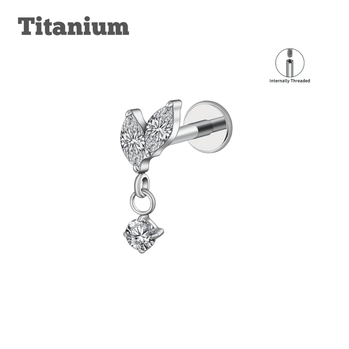 steel color 2 petals with dangling gem titanium threaded labret earring for helix