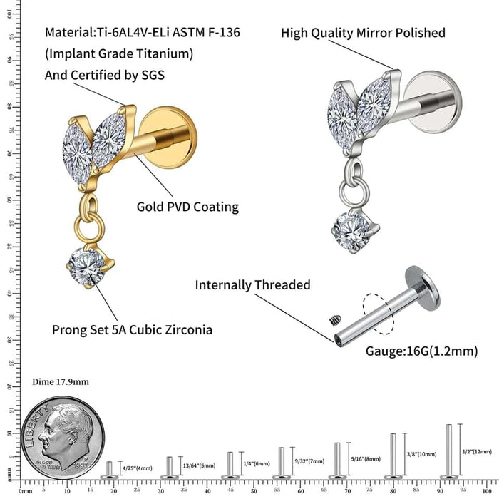 2 petals with dangling gem titanium threaded labret earring size