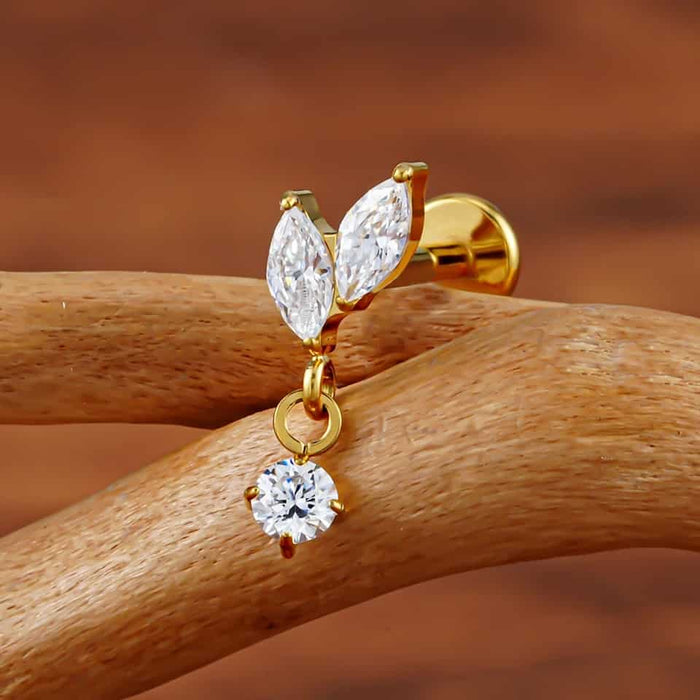 2 Petals with Dangling Gem Titanium Threaded Labret