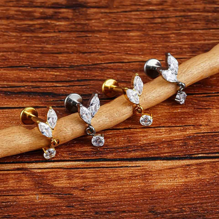 2 Petals with Dangling Gem Titanium Threaded Labret