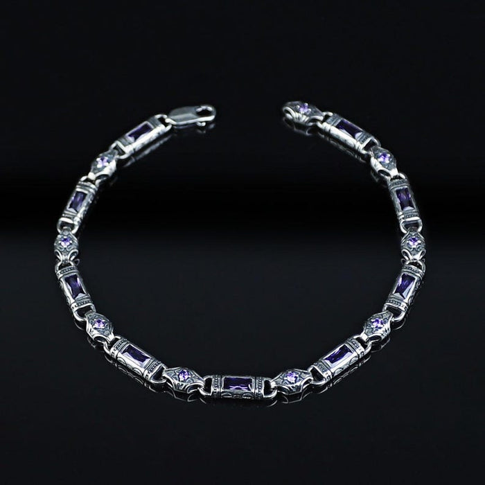 925 Men Silver Amethyst Engraved Byzantine Link Bracelet