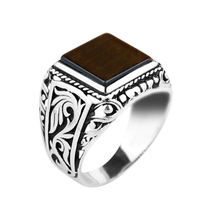 925 Silver Men Square Brown Tiger Eye Gemstone Ring