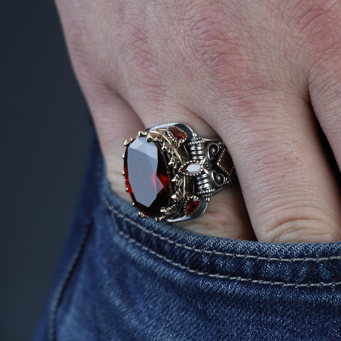 925 Silver Men Vintage Ruby Gemstone Turkish Handmade Ring