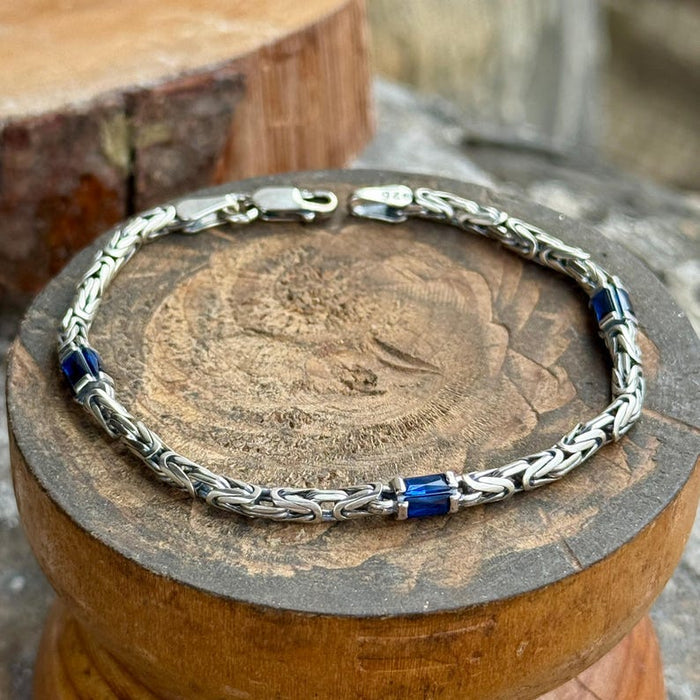 925 Silver Sapphire Stone Byzantine Chain Bracelet