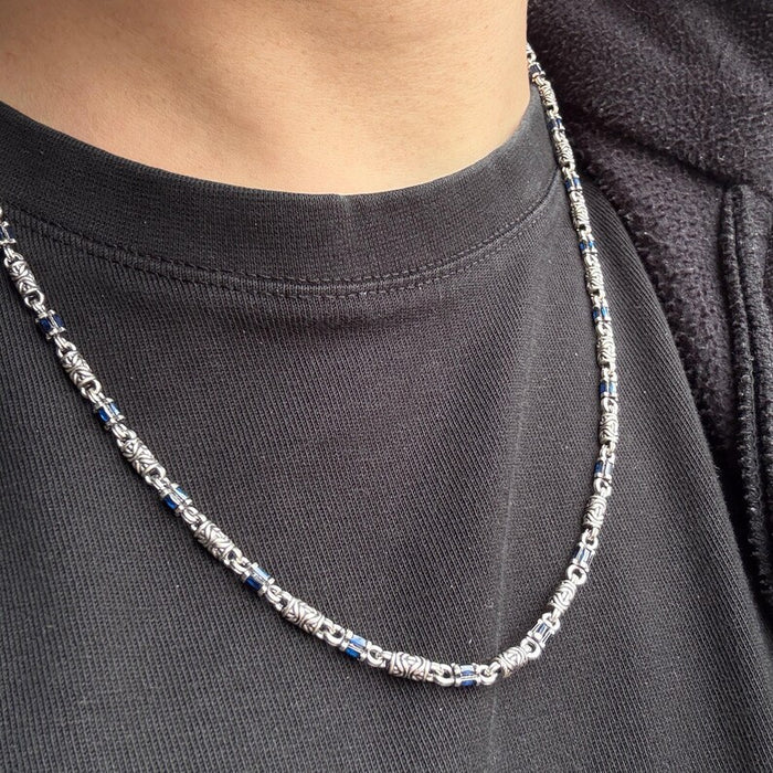925 Solid Silver Sapphire Gemstone Link Chain Byzantine Necklace