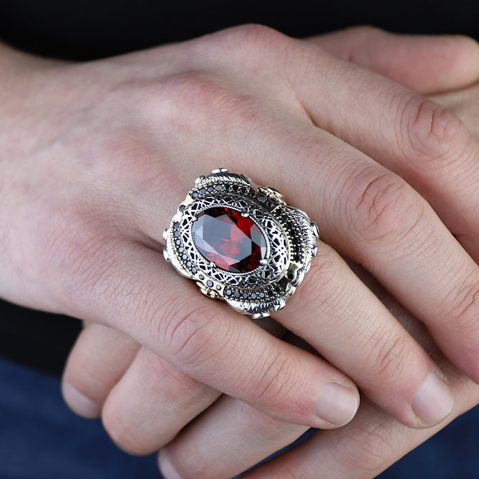 925 Sterling Silver Men Large Ruby Gemstone Ottoman Style Ring