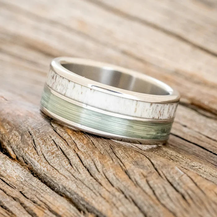 "DYAD" - ANTLER & FISHING LINE WEDDING BAND - TITANIUM - SIZE 8-2