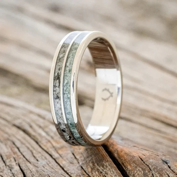 "DYAD" - MOSS AGATE & MOONSTONE WEDDING BAND - TITANIUM (6MM)- SIZE 10-Staghead Designs