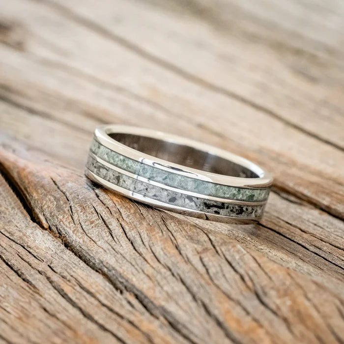 "DYAD" - MOSS AGATE & MOONSTONE WEDDING BAND - TITANIUM (6MM)- SIZE 10-Staghead Designs