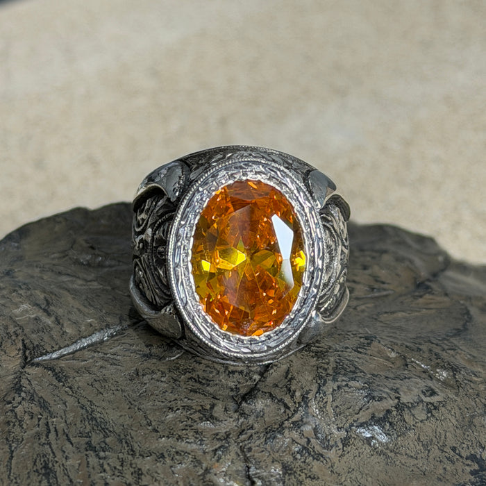Men Handmade Engraved Yellow Citrine Gemstone Ottoman Style Solid Silver Ring