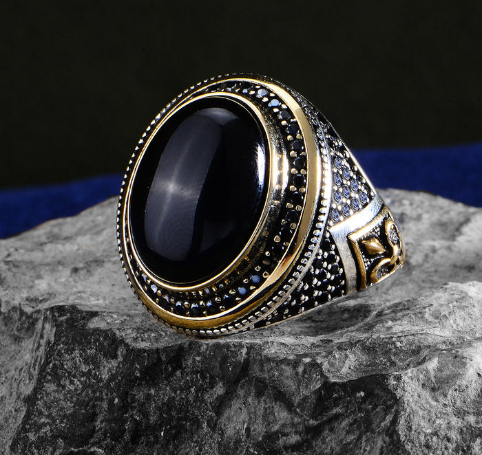 Men Handmade Micro Stone Oval Onyx Ring