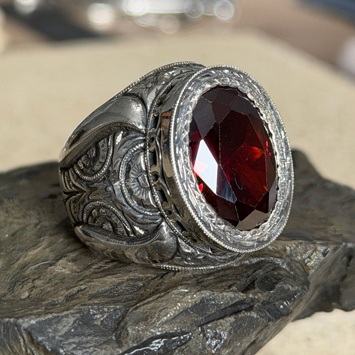 Men Handmade Red Ruby Gemstone Engraved Silver Ring