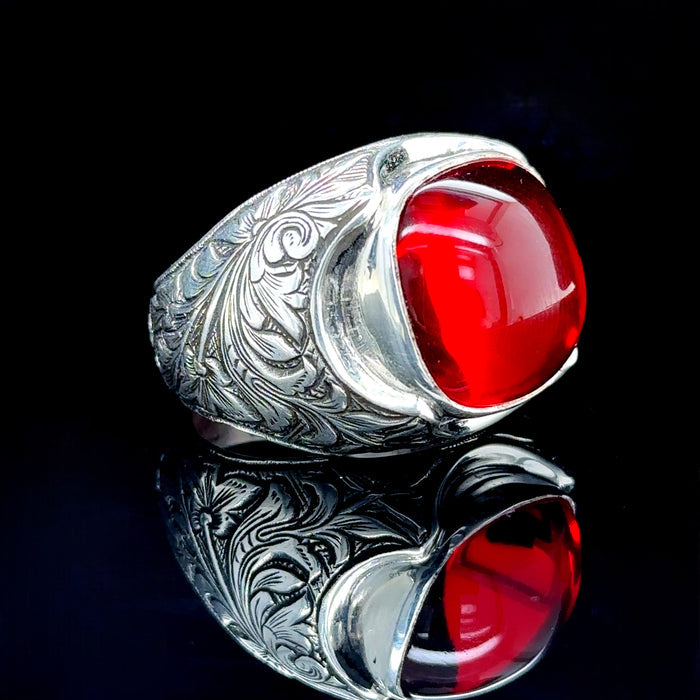 Men Handmade Ruby Stone Engraved Men Ring