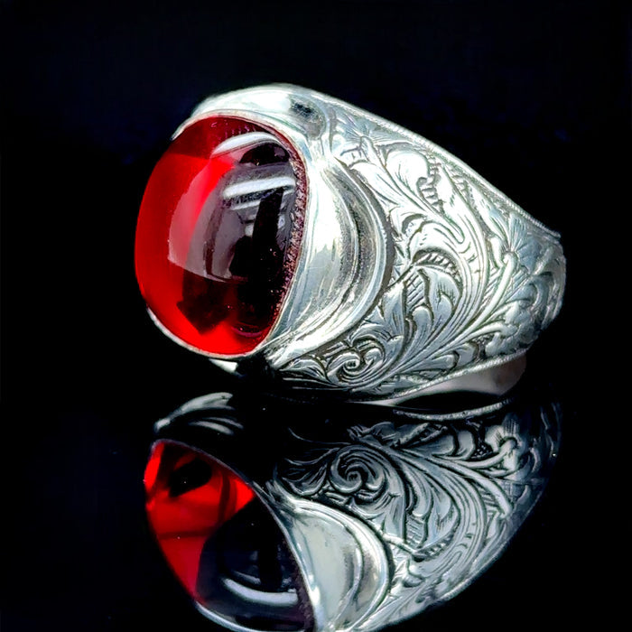 Men Handmade Ruby Stone Engraved Men Ring