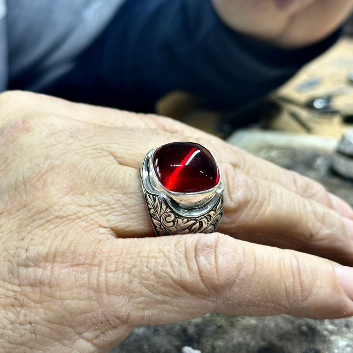 Men Handmade Ruby Stone Engraved Men Ring