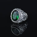 Men Silver Engraved Oval Emerald Gemstone Ring
