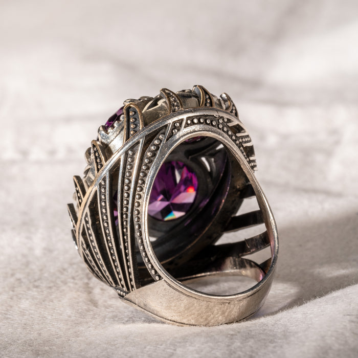Men Silver Handmade Large Amethyst Gemstone Ring
