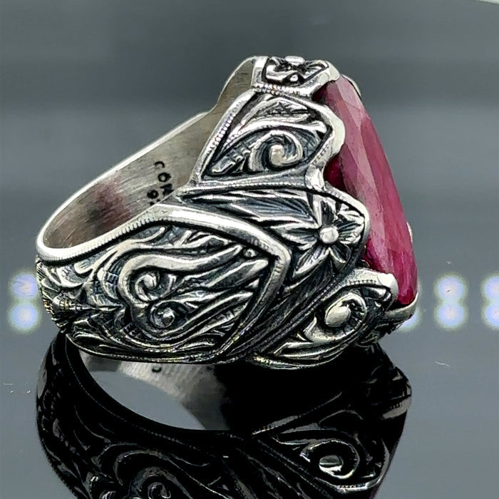 Men Silver Handmade Natural Red Ruby Gemstone Ring