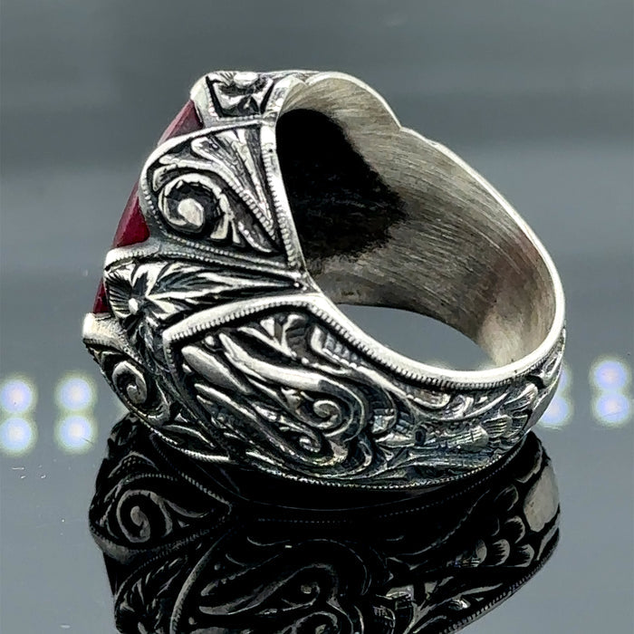 Men Silver Handmade Natural Red Ruby Gemstone Ring