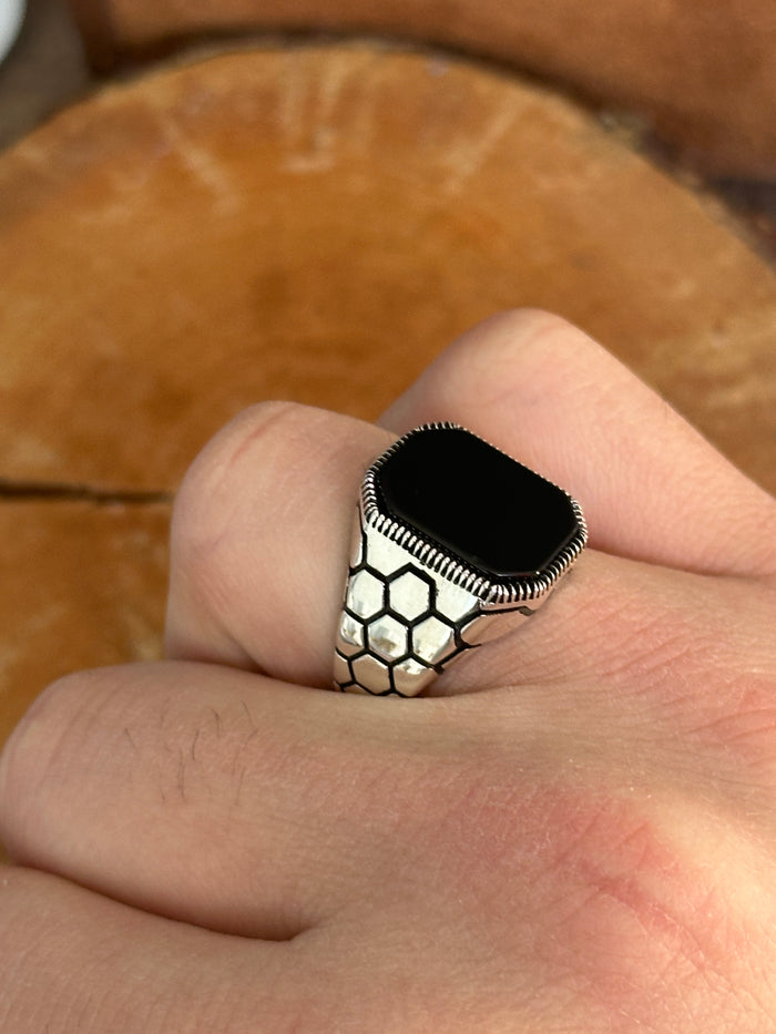 Men Silver Handmade Square Onyx Ring