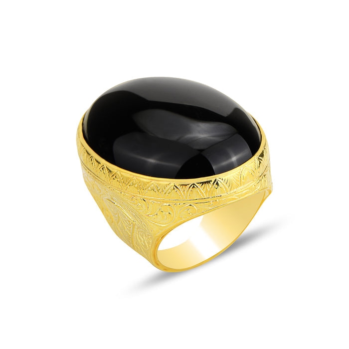 Men Silver Large Gold Plated Onyx Ring