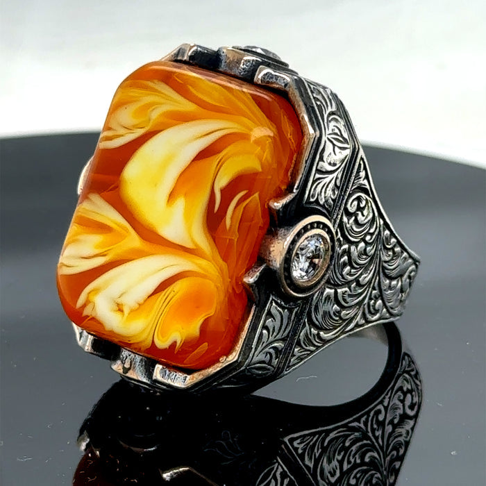 Men Silver Large Handmade Amber Gemstone Ring