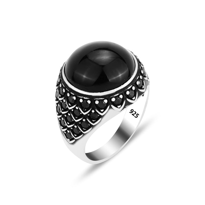 Men Silver Micro Gemstone With Round Gemstone Ring