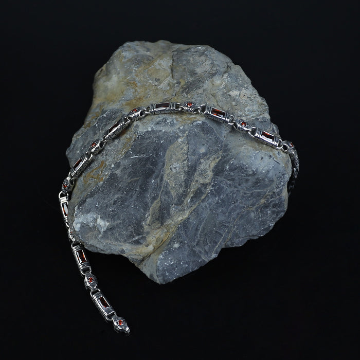 Men Silver Ruby Hand-Engraved Byzantine Chain Bracelet Ruby Link Chain Men Bracelet