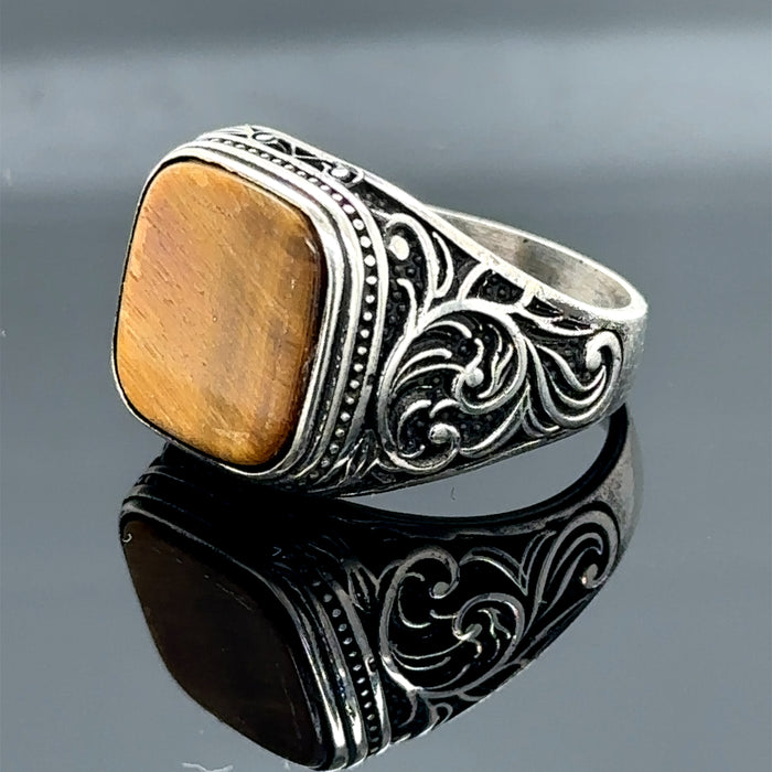 Men Silver Square Minimal Tiger Eye Gemstone Ring