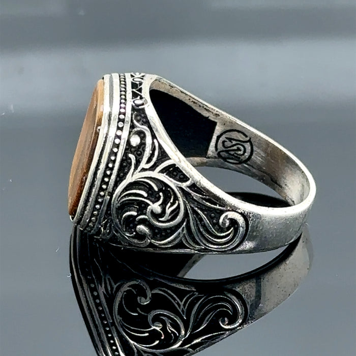 Men Silver Square Minimal Tiger Eye Gemstone Ring