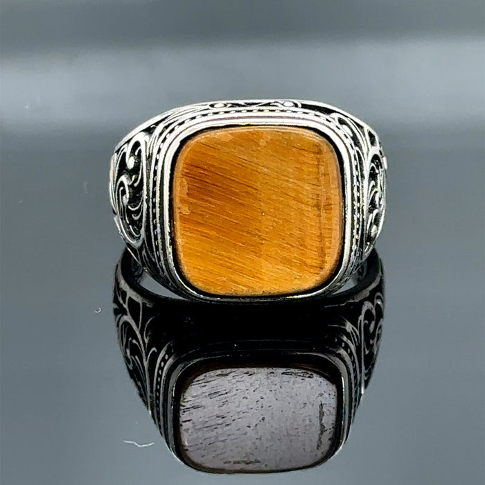 Men Silver Square Minimal Tiger Eye Gemstone Ring