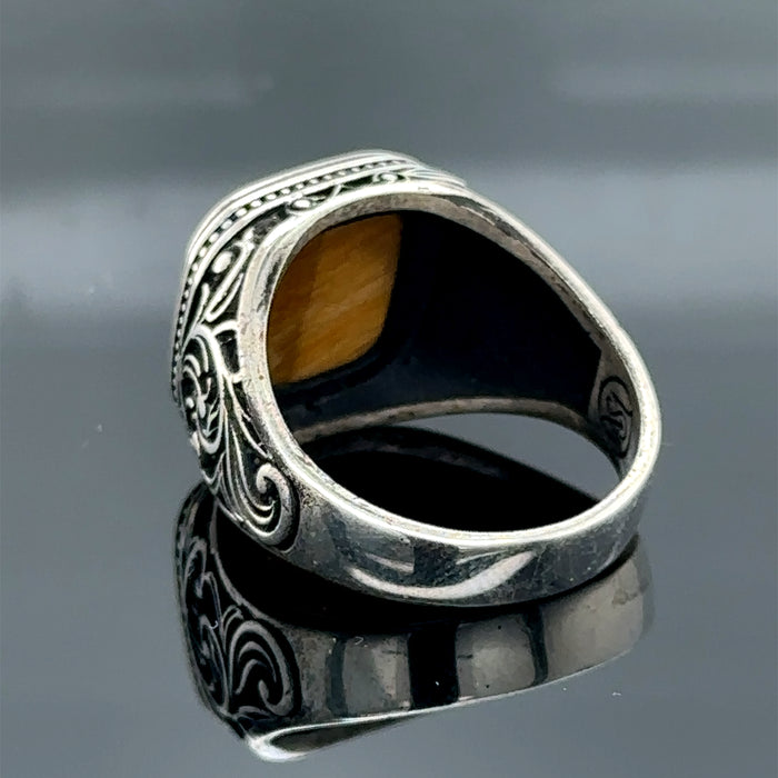 Men Silver Square Minimal Tiger Eye Gemstone Ring