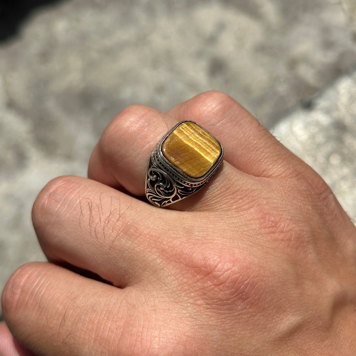 Men Silver Square Minimal Tiger Eye Gemstone Ring