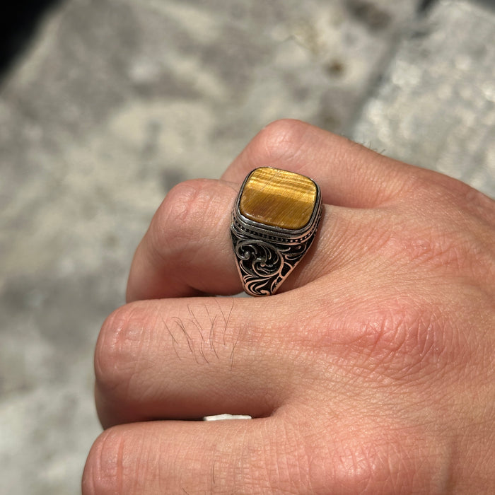 Men Silver Square Minimal Tiger Eye Gemstone Ring