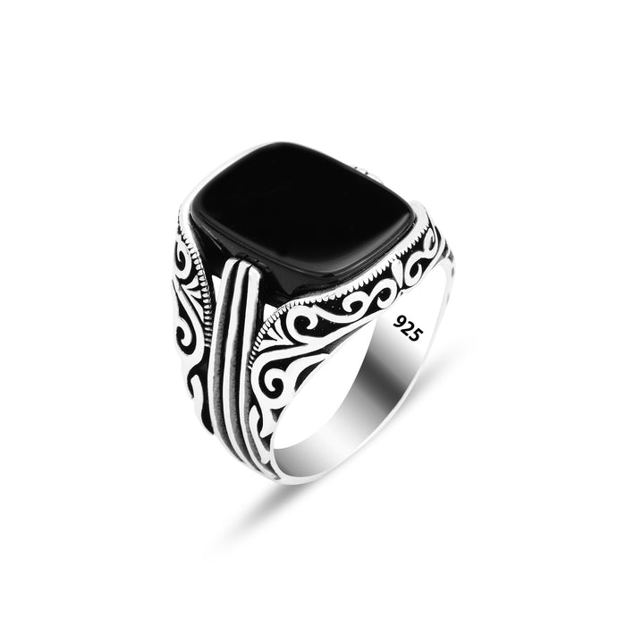 Men Silver Square Onyx Gemstone Men Ring