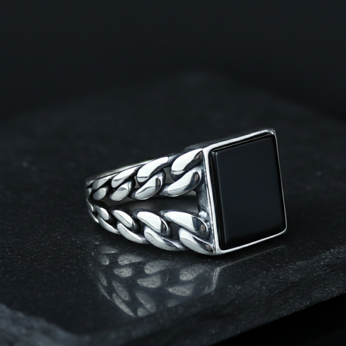 Men Solid Silver Square Black Onyx Gemstone Handmade Ring
