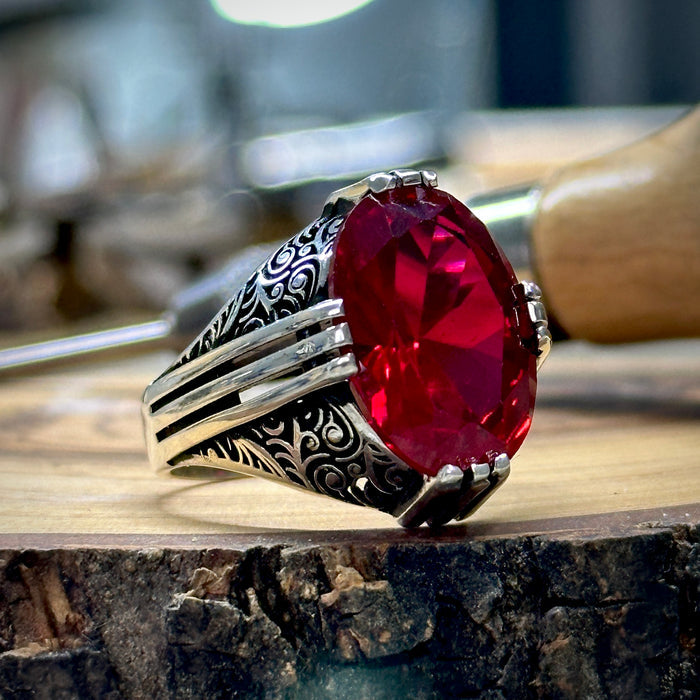 Ruby Stone Ottoman Style Men Handmade Ring