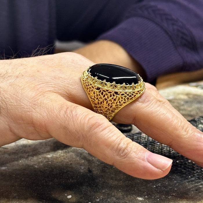 Silver Handmade Large Gold Onyx Ring