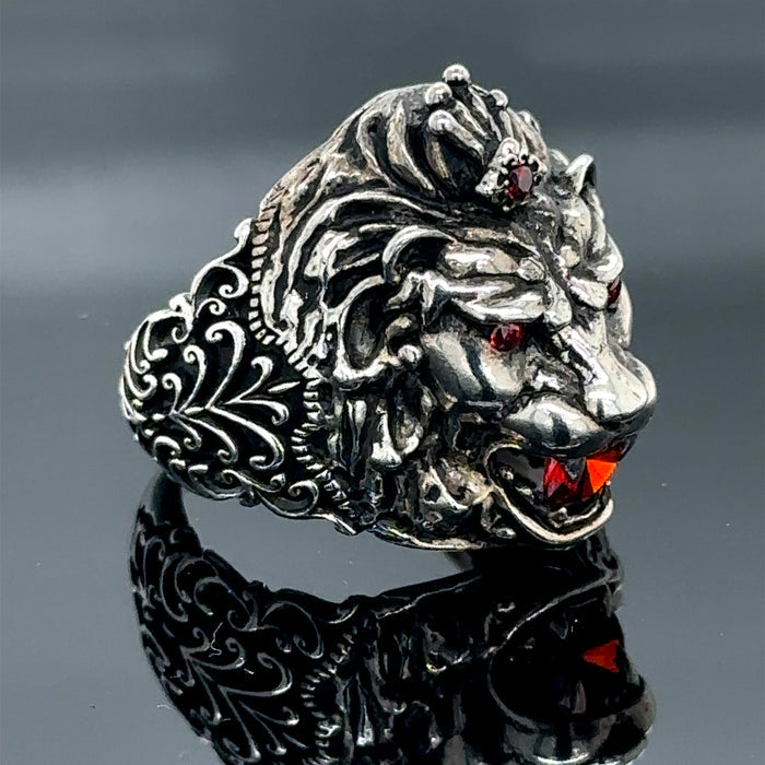 Silver Handmade Ruby Stone Wild Leon Head Ring