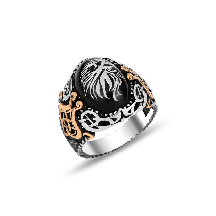 Silver Onyx Stone Eagle Ring