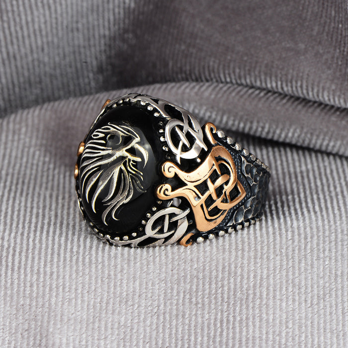 Silver Onyx Stone Eagle Ring
