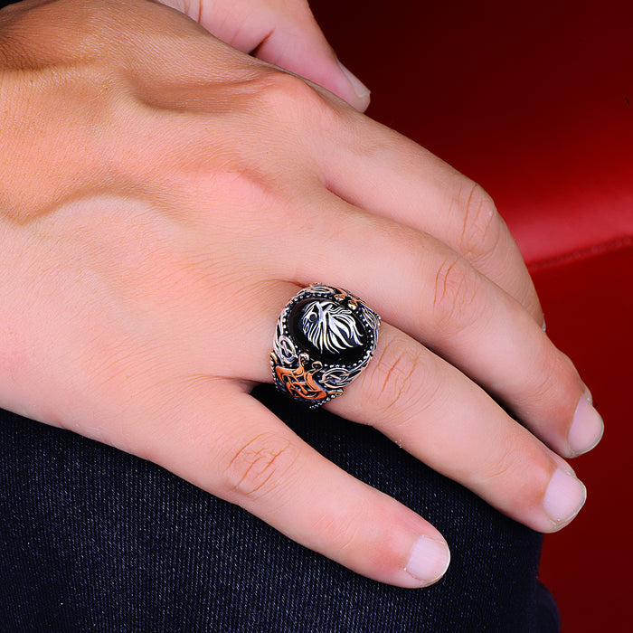Silver Onyx Stone Eagle Ring