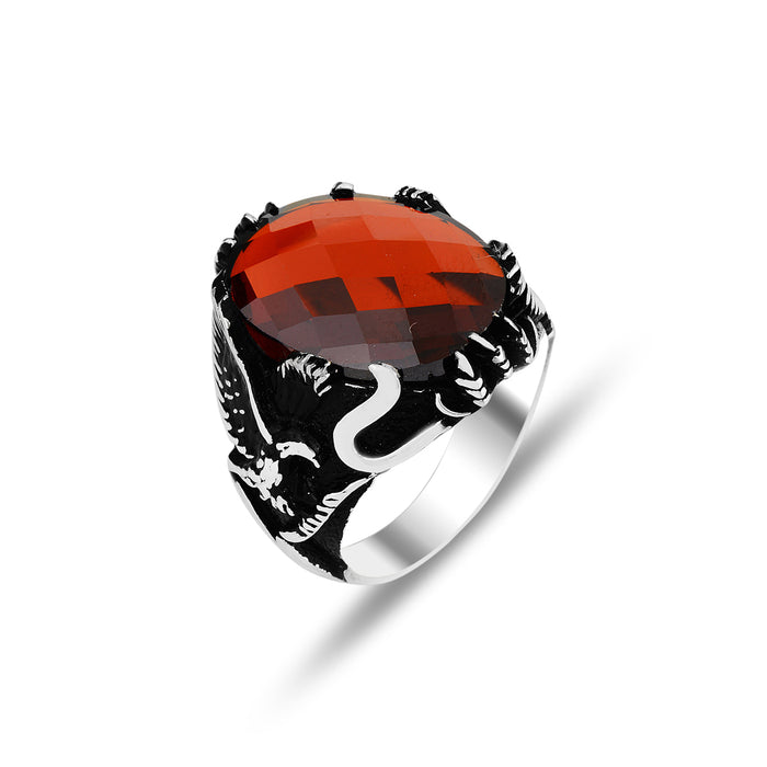 Silver Ruby Stone Eagle Model Ring