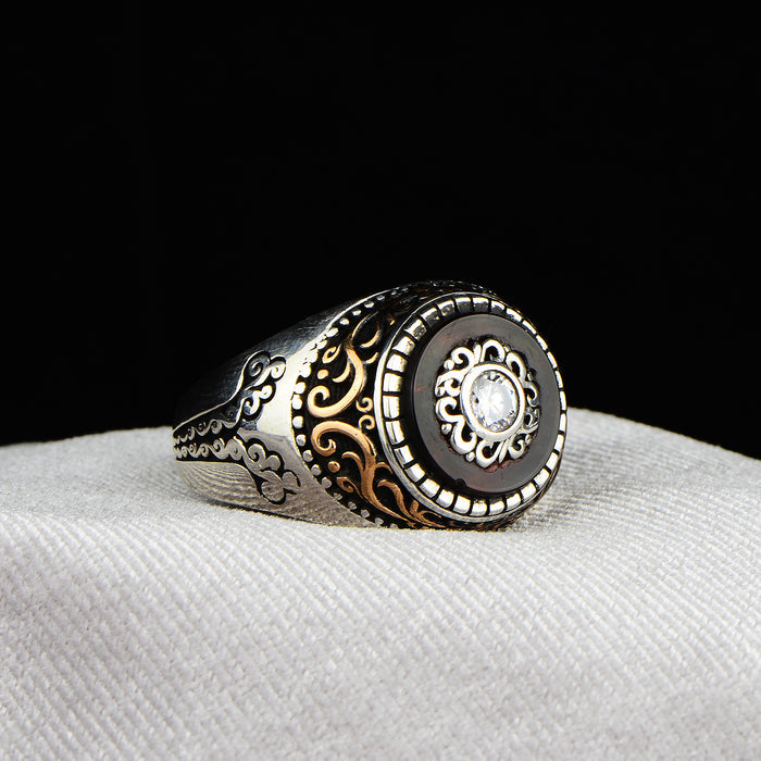 Silver Ruby Stone Engraved Silver Ring