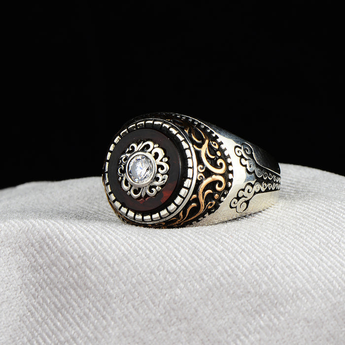 Silver Ruby Stone Engraved Silver Ring