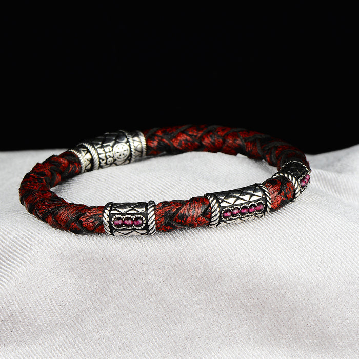 Silver Ruby Stone Leather Bracelet