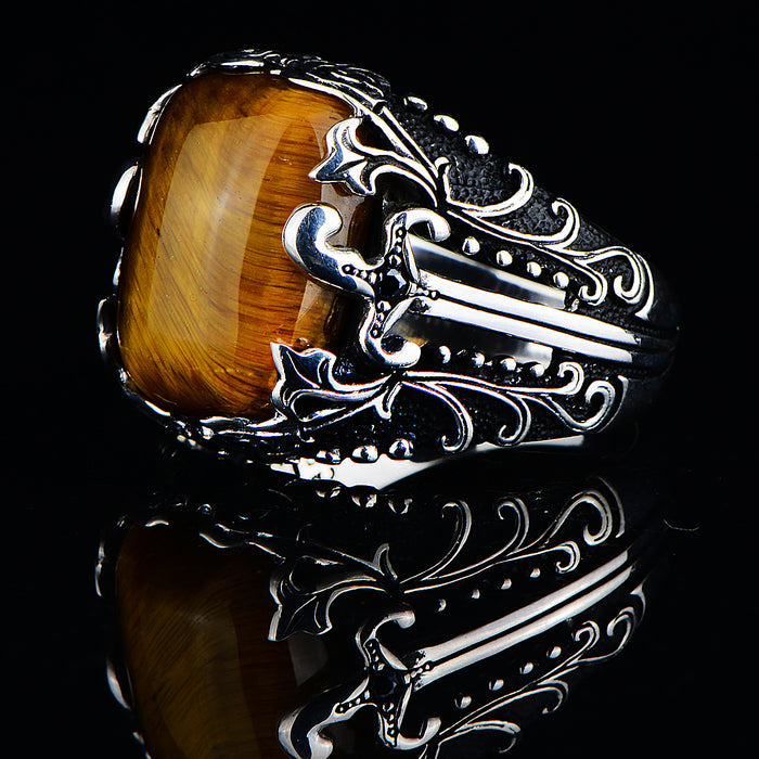 Silver Sword Model Tiger Eye Stone Ring